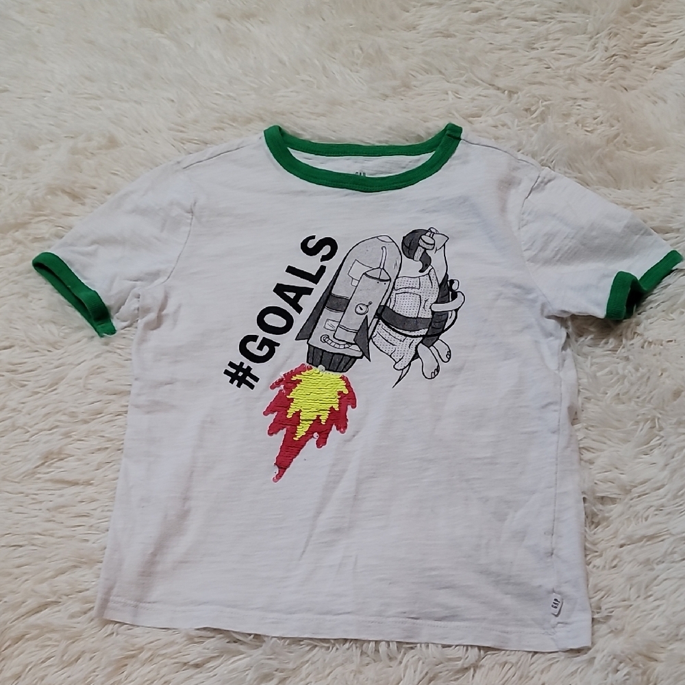 GAP, White and Green Rocket Graphic Tee, Boys, Size Medium